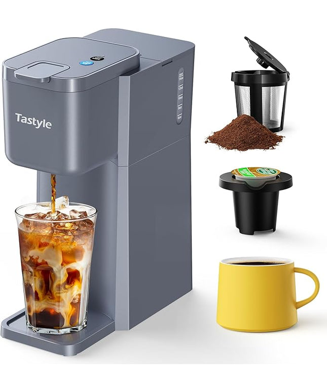 Mini Hot and Iced Coffee Maker Single Serve, for K Cup and Ground, 6 to 14 Oz Brew Sizes, with Recipe Book, for Home, Travel, RV, Office and Dorm, Elegant Gray