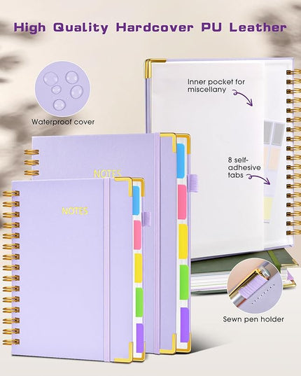 Hardcover Spiral Notebook journal with Removable Dividers Tabs, 300 Pages Leather 5 Subject Notebook College Ruled, 100GMS A5 Notebooks for Work School Note taking,Lined Journal for Women,A5 Purple