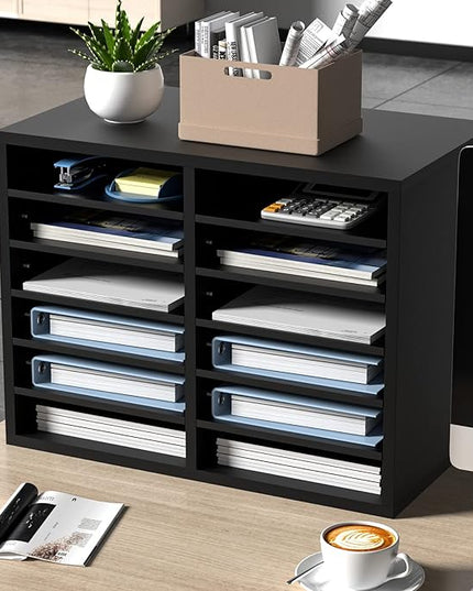 VEVOR Literature Organizers, 12 Compartments Office Mailbox with Adjustable Shelves，Wood Literature sorter 20.4x12x16.1 inches for Office, Home, Classroom, Mailrooms Organization, EPA Certified Black