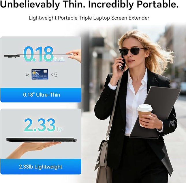 Larksmile Triple Screen Laptop Monitor Extender, One Cable Setup 14-inch IPS Triple Monitor, FHD 1080P Extra Multi-Screen Attachment, Portable Travel External Display for Laptop Mac Windows