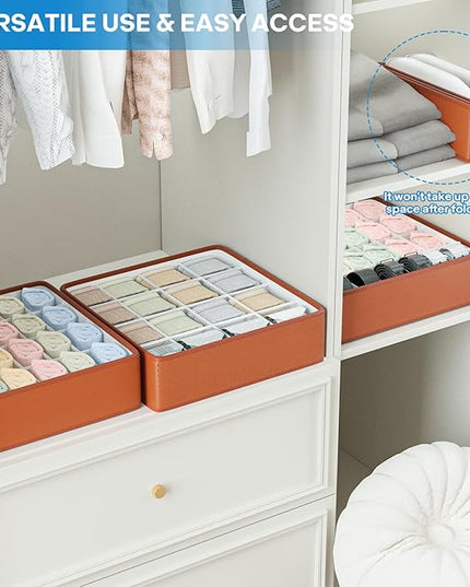 Fashion Leather Sock Underwear Drawer Organizer clothes, Closet Dividers，64 Cell (16+24+24) Foldable Leather Storage Box for Panties, Ties, Accessories（3 Pack）
