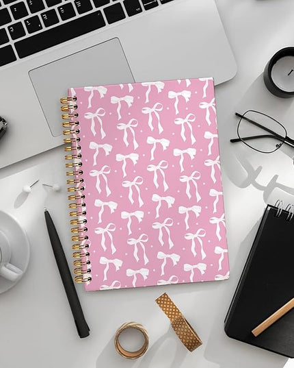LIANGW Coquette Pink Bow Notebook Journal for Teen Girls & Women, Preppy Cute Journal Gifts for Women, Girly Gifts, Pink Bow Office Supplies, Hardcover Spiral Notebook, 5.5x8.3 Inch