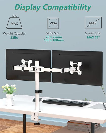 WALI Dual LCD Monitor Fully Adjustable Desk Mount Stand Fits 2 Screens up to 27 inch, 22 lbs. Weight Capacity per Arm (M002-W), White