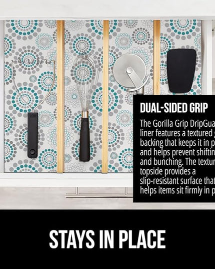 GORILLA GRIP DripGuard Shelf Liner, Non Adhesive Drawer and Kitchen Cabinet Protector, 24x240 Inch, Slip Resistant BPA Free Smooth Surface Plastic Liners for Cabinets, Bathrooms, Closets, Spiral