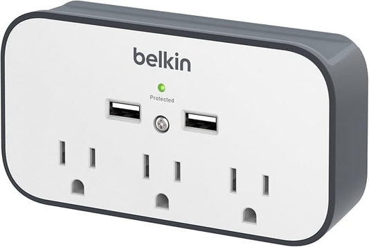 Belkin Wall Surge Protector - 3 Outlet w/ 2 USB Ports Mount with Premium Protection Against Surges Safe Charge for Mobile Devices, Tablets & More (540 Joules)