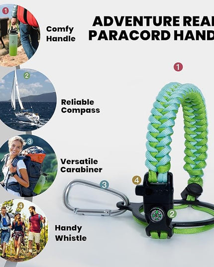 Insulated Water Bottle 40 oz, Triple Wall Vacuum Stainless Steel (Cold for 48 Hrs), Leak Proof & Non-BPA, Modern Water Flask Jug with Paracord Handle & Straw Spout Lids, Ombre Green