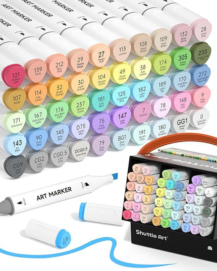 Shuttle Art Pastel Alcohol Markers Brush tip, Dual Tip Brush & Chisel Tip Art Marker Set, 50 Colors plus 1 Blender Marker Pens with Case Perfect for Illustration Students Adults Coloring Sketching