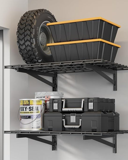 2 Pack Heavy Duty Garage Wall Shelving Set, 2x3ft, Black, Wall Mounted, Traditional Style, 2 Shelves, 700lbs Capacity