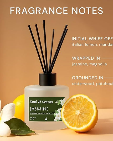 Soul & Scents Reed Diffuser Set – Jasmine | 7.43 oz Refillable Scented Oil with 6 Fiber Sticks | Long-Lasting Home Fragrance & Air Freshener for Bedroom, Bathroom, Office | Gift & Décor Piece