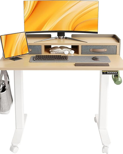 Claiks Standing Desk with Drawers, Adjustable Stand Up Electric Small Standing Desk Adjustable Height with Storage Shelf and Splice Board, 40 Inch, Natural