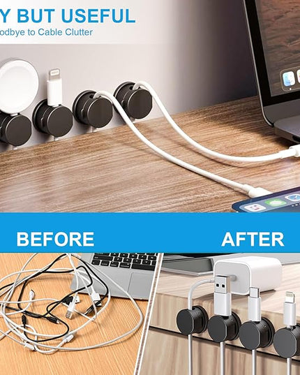 6pcs Magnetic Cable Clips, 360° Swiveling Adhesive Cable Organizer - Compact Cable Holder for Desk, Nightstand, Car, Kitchen & Home Office - Charger Cord Holder Solution by MarLigavid (Black)