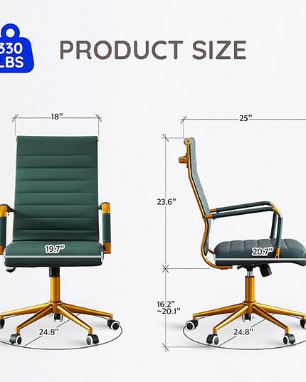 Livinia Modern Executive Office Desk Chair, Chrome & Leather Conference Room Swivel Chairs with Ribbed High Back, Adjustable Height, Removable Armrest, and Wheels for Home Office (Green(Gold))