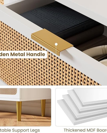 Garvee Rattan Dresser with 5 Drawers, Tall Modern Closet with Deep Storage, Large Chest of Drawers with Wide Top, Long Wooden Dresser for Bedroom, Living Room, Hallway, Kids Room, White