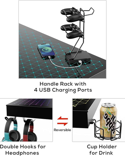 EUREKA ERGONOMIC RGB LED Gaming Desk, Music Sync Lights Up Tempered Glass Desktop, 43" GTG I43 Home Office Computer Table W Controller Rack 4 USB Charging Ports, APP Control