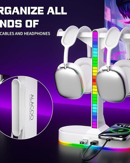 Cool RGB Headphone Stand with Charging Station - Sleek Dual Headset Holder, 3 USB Ports & 3.5mm Audio, 8 Light Modes | Ultimate Gaming Gift for Men, Boyfriend, Teen Boys - Modern White Design