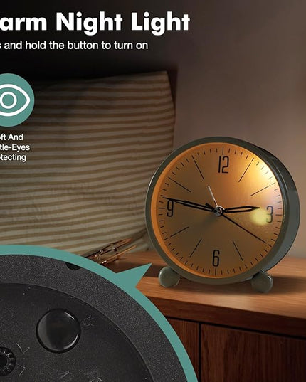 Blusaryme Analog Alarm Clock - 4 Inch Super Silent Non-Ticking, Battery Operated Small Clock with Night Light, Elegant Bedside Desk Clock for Bedroom, Living Room, Office, Student Gift