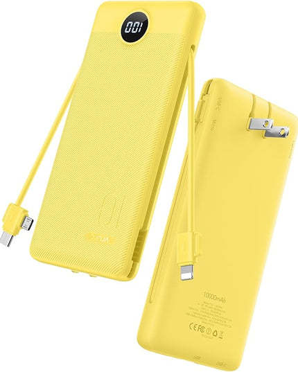 VRURC Portable Charger with Wall Plug, 10000mAh Slim Portable Charger Built in Cables,PD 20W Fast Charging Power Bank with Cords,USB C Portable Phone Charger Travel Accessories -Yellow(1 Pack)