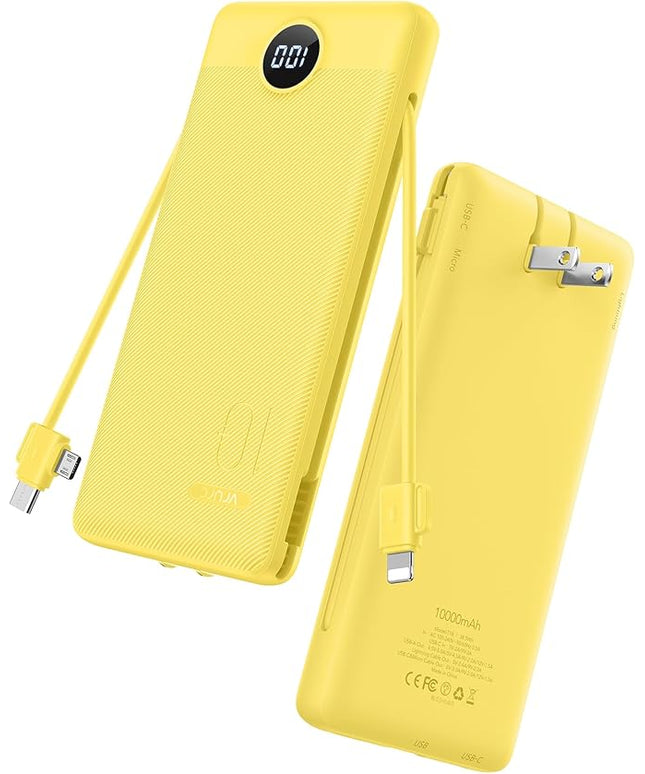 VRURC Portable Charger with Wall Plug, 10000mAh Slim Portable Charger Built in Cables,PD 20W Fast Charging Power Bank with Cords,USB C Portable Phone Charger Travel Accessories -Yellow(1 Pack)