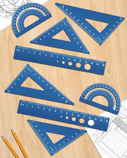 Honagu Triangular Ruler Set, 8 Pieces/2 Sets Aluminum Alloy Ruler, Metal Drafting Ruler, Geometric Protractor for Students, Draftsmen, Engineers, School Office Supplies (Blue+Blue)