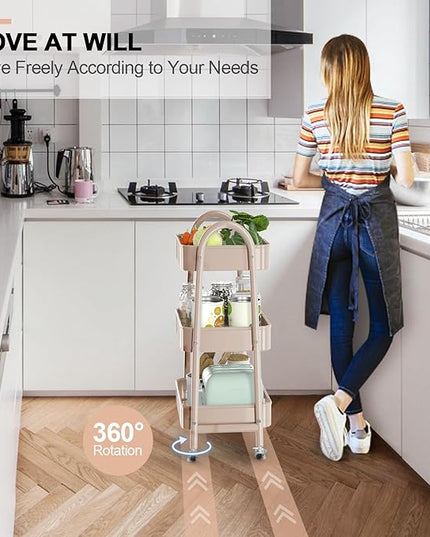 EAGMAK 3 Tier Utility Rolling Cart, Metal Storage Cart with Handle and Lockable Wheels, Multifunctional Storage Organizer Trolley with Mesh Baskets for Kitchen, Living Room, Office, Garage (Beige)