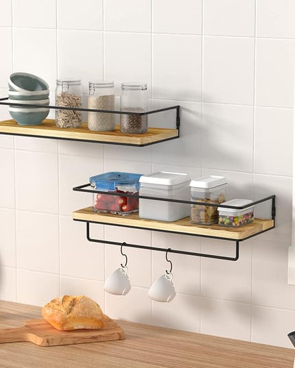 ZGO Floating Shelves for Wall Set of 2, Wall Mounted Storage Shelves with Metal Frame and Towel Rack for Bathroom, Kitchen, Bedroom(Wood)