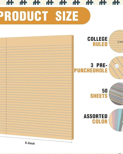PerKoop 600 Sheets Colored Loose Leaf Paper 8.5" x 11" college ruled Lined 3 Hole Punched notebook Filler Paper for 3 Ring Binders Office School Supplies (Gemstone Color)