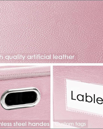 PRANDOM Collapsible Storage Bins with Lids [3-Pack] Leather Fabric Foldable Storage Boxes Organizer Containers Baskets Cube with Cover for Bedroom Closet Office Nursery Pink (14.9x10.8x10)