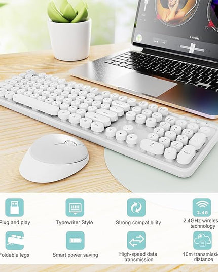 Wireless Keyboard and Mouse Combo, Ergonomic Full Size Typewriter Retro Round Keycaps Keyboard, Compatible with Windows, PC, Perfer for Home and Office Keyboards（White）