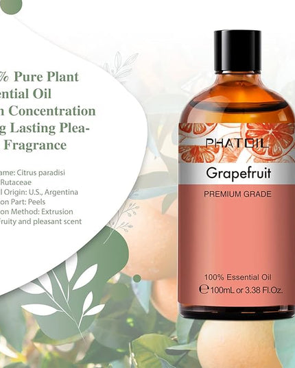 PHATOIL 3.38FL.OZ Grapefruit Essential Oil with Glass Dropper, for Aromatherapy Diffusers, Humidifiers, Great for DIY Candle and Soap Making, Huge 100ML Bottle