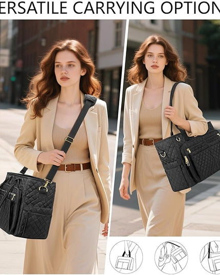 Teacher Bags for Women, 15.6 inch Laptop Work Tote Nurse Bible Bag Quilted Shoulder Handbag for Work, Daily, School, Travel