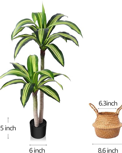 Ferrgoal Artificial Plants, 4 Ft Dracaena Tree Faux Plants Indoor Outdoor Decor Fake Tree with Woven Seagrass Basket Plants for Home Decor Office Living Room Porch Patio Perfect Housewarming Gift