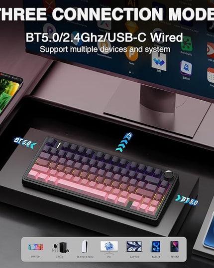 AULA F75 Pro Wireless Mechanical Keyboard,75% Hot Swappable Custom Keyboard,RGB Backlit,Pre-lubed Reaper Switches,Side Printed PBT Keycaps Mechanical Gaming Keyboards, Pink&Black