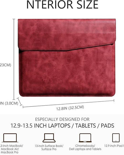 Leather Laptop Sleeve 13 Inch Compatible with MacBook Air M4 M3 M2 M1 2025-2018＆MacBook Pro M2 M1 2025-2016,Wear-Resistant and Scratch-Resistant Protective Case Cover,Red