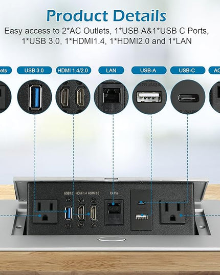 Table Pop up Power Strip Box Desktop Pop Up Outlet Recessed Multimedia Strip Socket Conference Table Power Hub Hidden Table Connection Box with Outlet Network HDMI for Office Desk (Sliver-D)