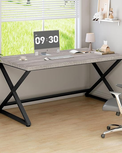 IBF Gray Computer Desk, Modern Writing Study Desk for Home Office, Industrial Wooden Metal Executive Work Desk, Simple Pc Gaming Laptop Workstation Computer Table in Bedroom, Light Grey Oak, 55 Inch