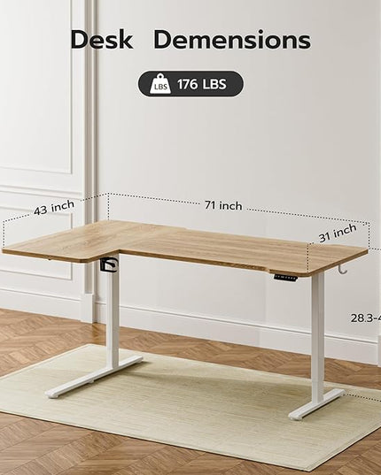 71" Reversible L-Shaped Electric Standing Desk Adjustable Height Gaming Stand Up Corner Desk Sit Stand Home Office Computer Desk with Splice Board, Basswood