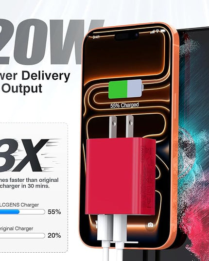 2Pieces USB C Wall Charging Block, 20W 2Port Fast USBC PD3.0 Power Adapter Type C Charger Brick Cube Plug for iPhone 13 14 15 16 17 Pro Max Mini 11 XS X 8, iPad, Samsung, Google, Tablet, Android, Red