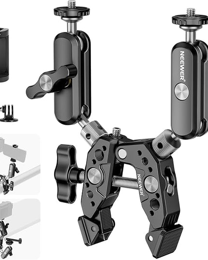 NEEWER Heavy Duty Super Clamp with Two 360° Dual Ball Head Magic Arms, 1/4" 3/8" Screw Threads, Phone & Action Camera Mount Adapter for Flat/Round Surface Compatible with GoPro DJI Insta360 DSLR