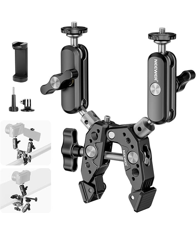 NEEWER Heavy Duty Super Clamp with Two 360° Dual Ball Head Magic Arms, 1/4" 3/8" Screw Threads, Phone & Action Camera Mount Adapter for Flat/Round Surface Compatible with GoPro DJI Insta360 DSLR