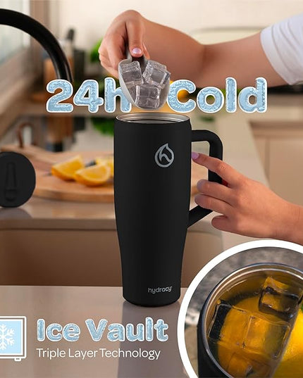 Hydracy 40 oz Tumbler with Handle and Straw, Stainless Steel Insulated Travel Cup with No Spill Rotatable Flip Lid for Left or Right Hand Use, Rubber Base, Fits in Cup Holder - Sexy Black