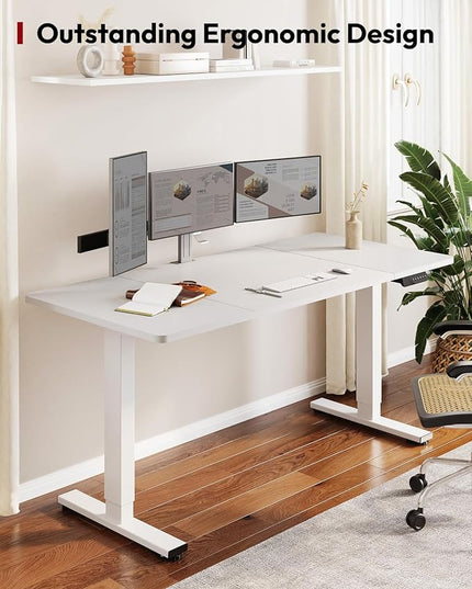 SANODESK Standing Desk Height Adjustable Electric Stand up Desk 63x28 Inches Sit Stand Home Office with Splice Board, White Frame/White Top