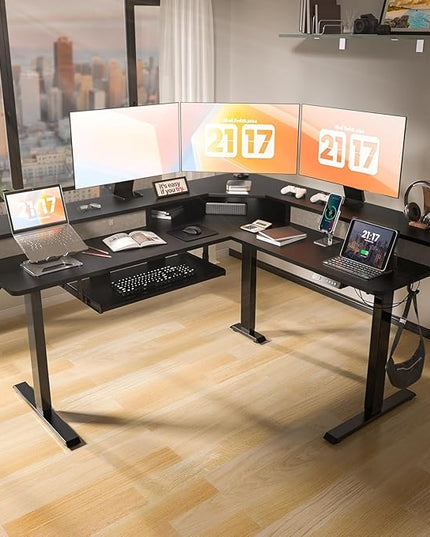 L Shaped Standing Desk with USB Charging Port & 4 Drawers,63 x 55 inch Electric Adjustable Height Corner Stand Up Desk with Keyboard Tray & Storage,Sit Stand Computer L Table for Gaming Office