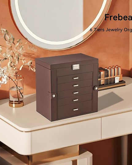Frebeauty Large Jewelry Box,6-Tier PU Leather Jewelry Organizer,Multi-functional Storage Case with Mirror,Accessories Holder with 5 Drawers for Necklace Bracelets Watches(Dark Brown)