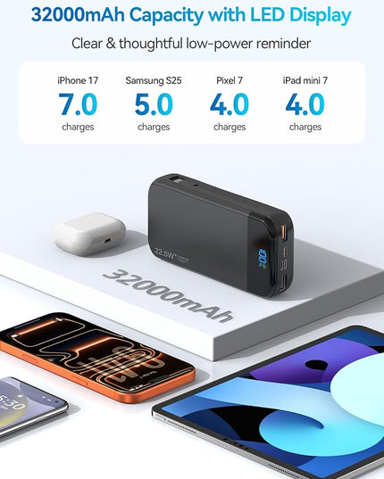 Portable Charger Power Bank Built-in Cables, 32000mAh 22.5W USB C Fast Charging, 5 Outputs 3 Inputs Travel Essentials Battery Pack Compatible with iPhone, iPad, Samsung, Google Pixel, Black