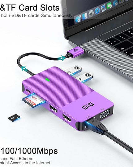 USB Docking Station GIQ USB C HUB USB 3.0 to Dual HDMI VGA Adapter Triple Display USB C Laptop Docking Station Dual Monitor HDMI Splitter Extender Compatible with MacBook M1 M2 USB Dock-Purple
