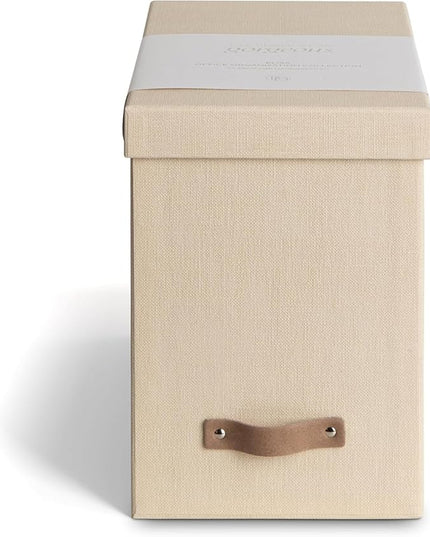 Bigso John File Box - File Storage Box and File Organizer for Important Paperwork - Durable Hanging File Box with Lid and Leather Handle - 7.36 in x 13.26 in x 10.51 in - Cream