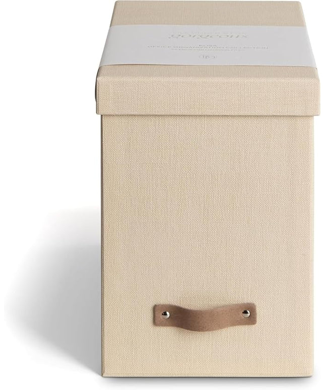 Bigso John File Box - File Storage Box and File Organizer for Important Paperwork - Durable Hanging File Box with Lid and Leather Handle - 7.36 in x 13.26 in x 10.51 in - Cream