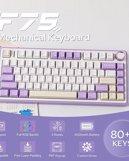 EPOMAKER x Aula F75 Gasket Mechanical Keyboard, 75% Wireless Hot Swappable Gaming Keyboard with Five-Layer Padding&Knob, BT/2.4GHz/USB-C, RGB (Purple, LEOBOG Reaper Switch)