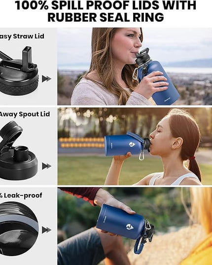 Insulated Water Bottle 64 oz, Triple Wall Vacuum Stainless Steel (Cold for 48 Hrs), Leak Proof & Non-BPA, Half Gallon Water Flask Jug with Paracord Handle & Straw Spout Lids, Navy Blue