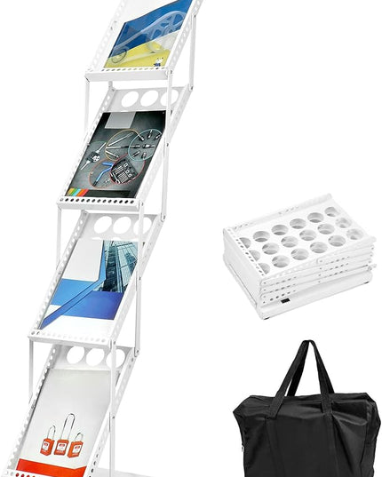QWORK Foldable Brochure Display Stand, Magazine Brochure Display Rack Stand, 4 Pocket Literature CatalogTradeshow Display Stand, for Office Store and Exhibition Trade Show (White)